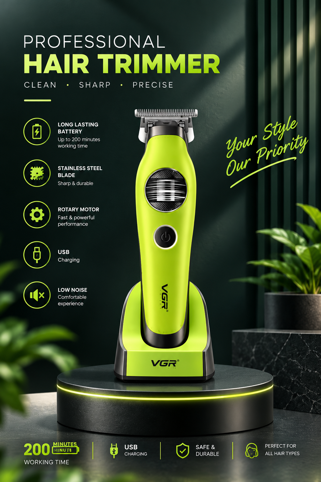 ماشین اصلاح موی صورت شارژی وی جی ار مدل V-880تیغه سرامیکی خودتیز شونده